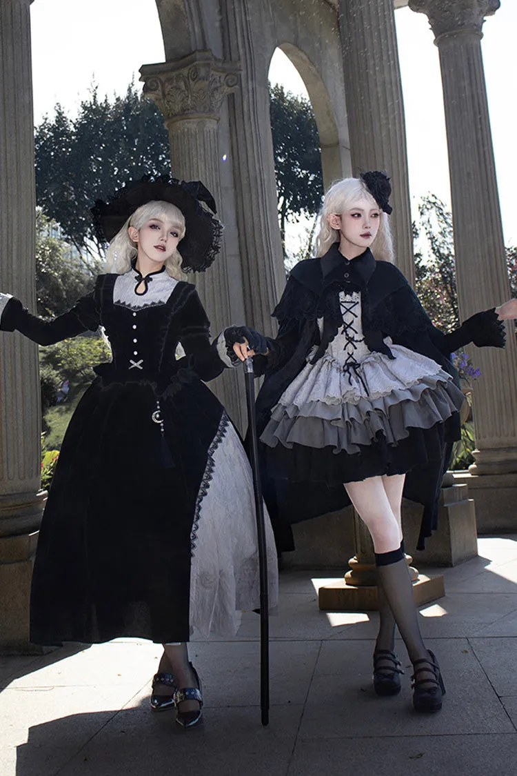Black/Grey Witch Long Sleeves Gradient Multi-Layered Ruffle Bowknot Lace Gothic Chinese Style Lolita Dress