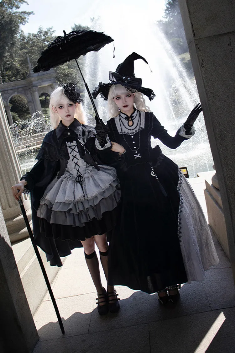 Black/Grey Witch Long Sleeves Gradient Multi-Layered Ruffle Bowknot Lace Gothic Chinese Style Lolita Dress