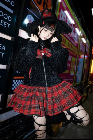 Black/Red [Night Cat] Plaid Print Ruffle Bowknot Hooded Sweet Lolita Skirt Coat