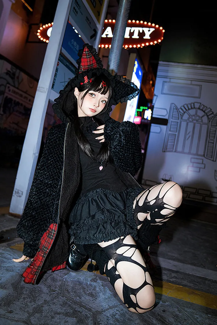 Black/Red [Night Cat] Plaid Print Ruffle Bowknot Hooded Sweet Lolita Skirt Coat