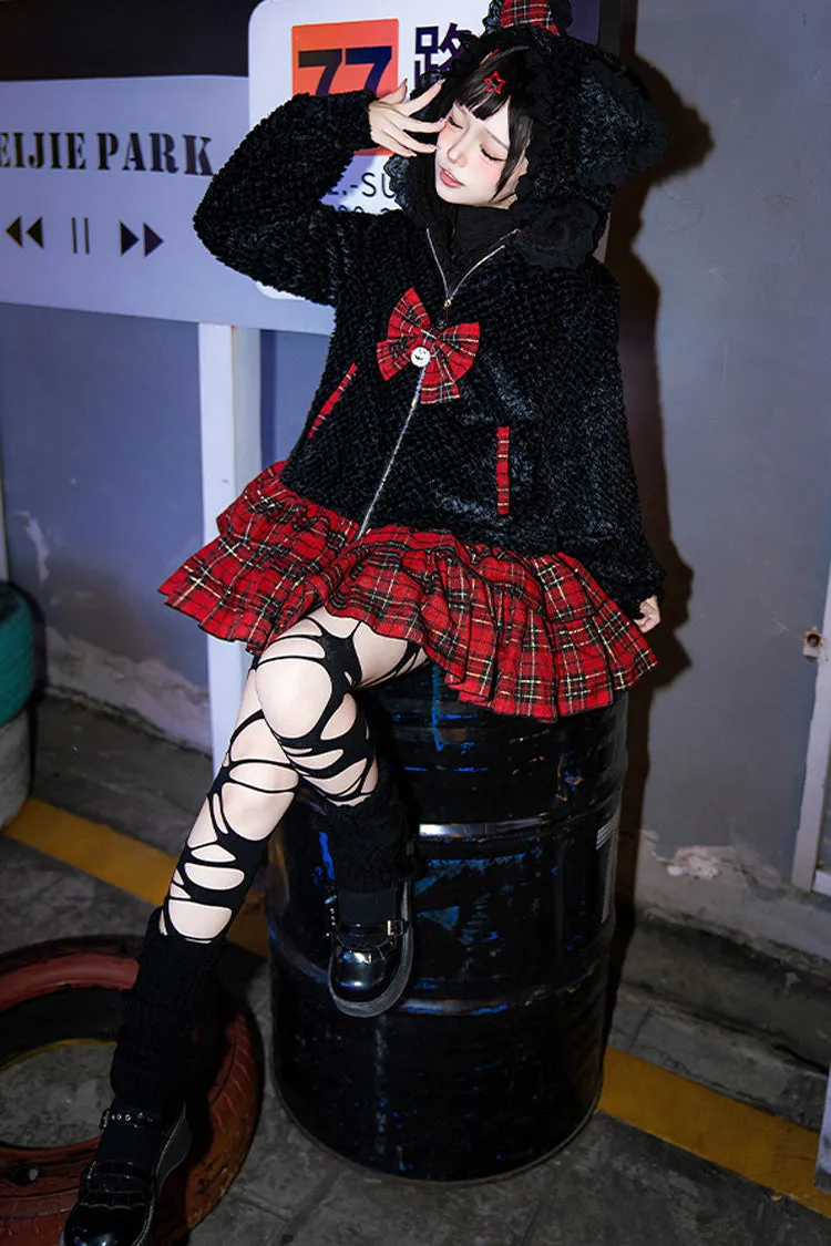 Black/Red [Night Cat] Plaid Print Ruffle Bowknot Hooded Sweet Lolita Skirt Coat