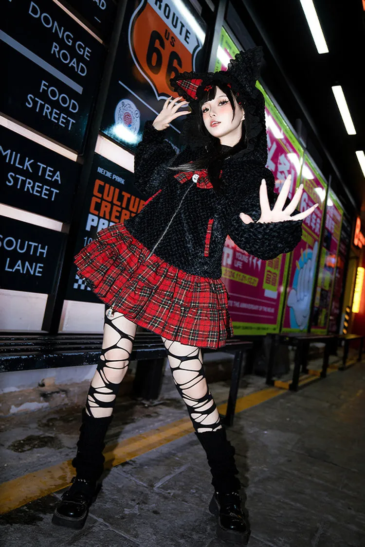 Black/Red [Night Cat] Plaid Print Ruffle Bowknot Hooded Sweet Lolita Skirt Coat