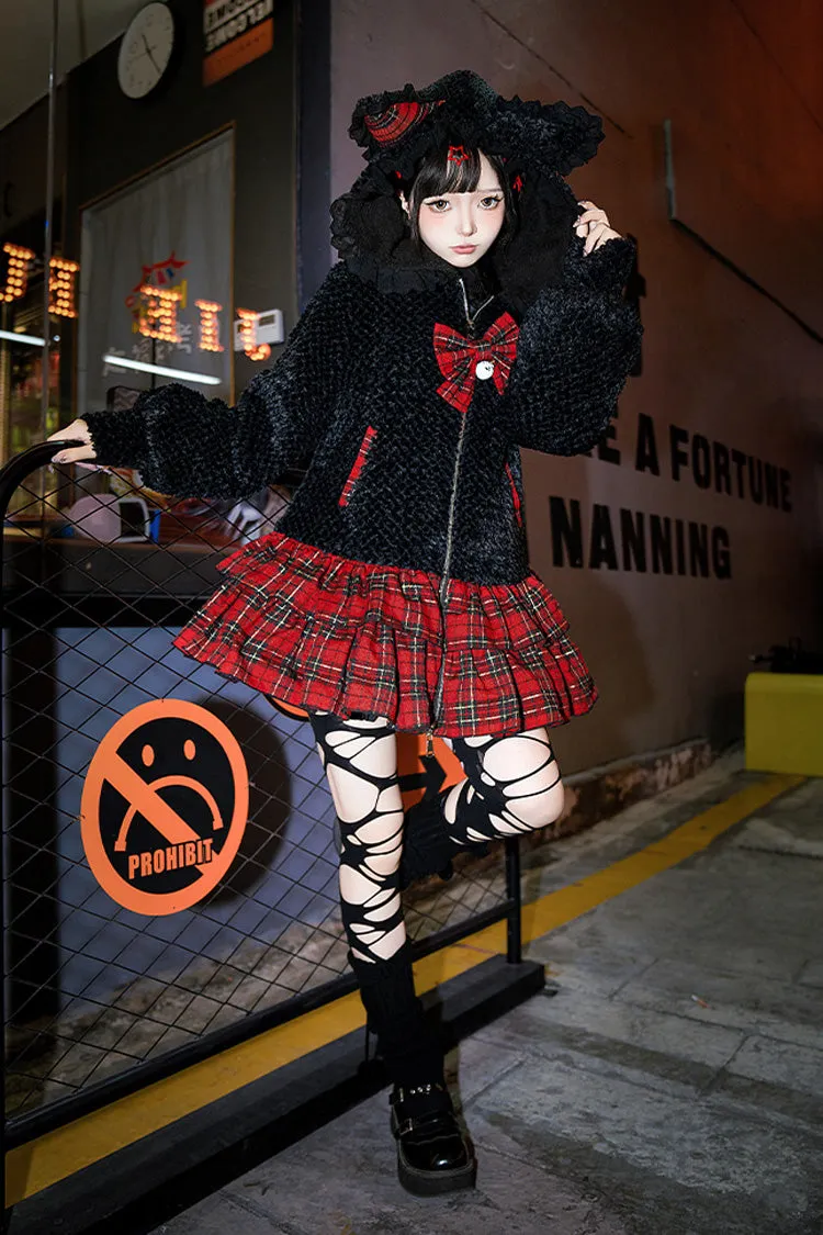 Black/Red [Night Cat] Plaid Print Ruffle Bowknot Hooded Sweet Lolita Skirt Coat