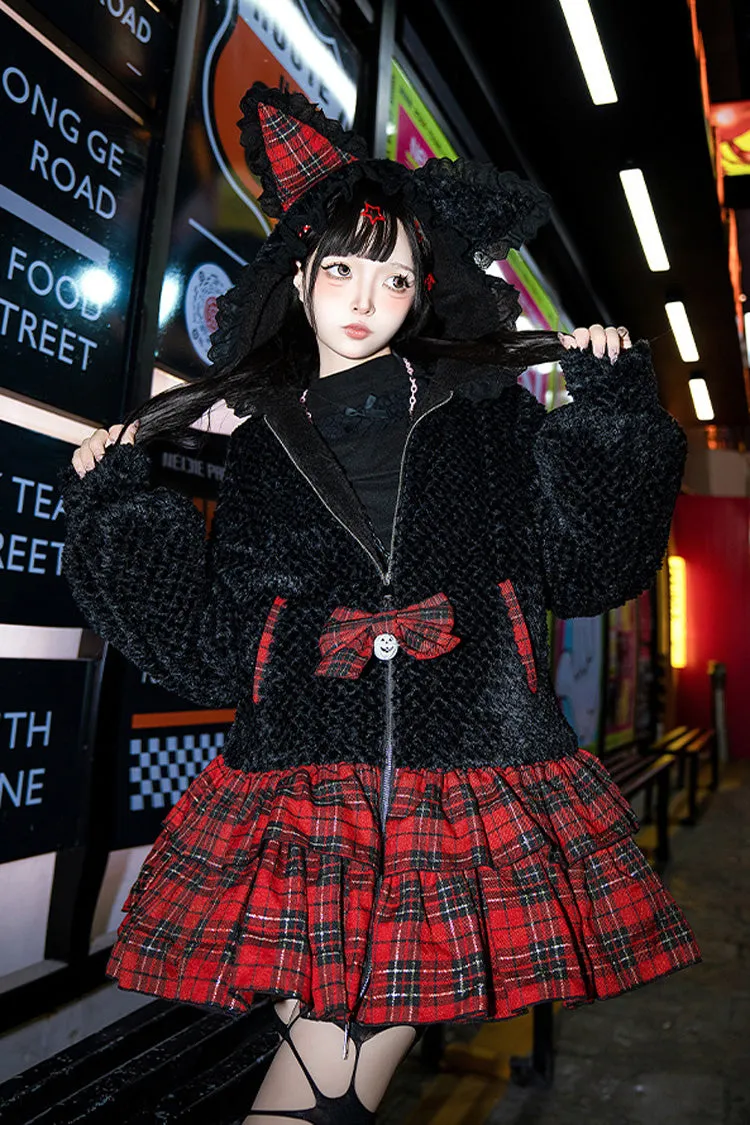Black/Red [Night Cat] Plaid Print Ruffle Bowknot Hooded Sweet Lolita Skirt Coat