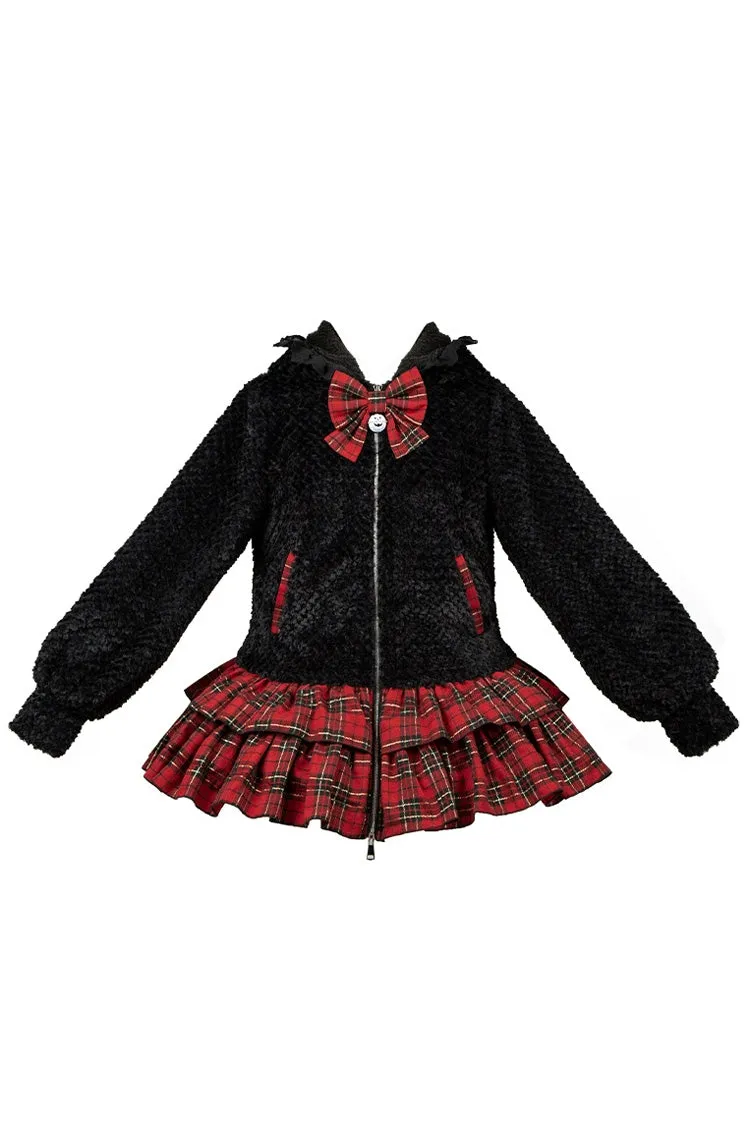 Black/Red [Night Cat] Plaid Print Ruffle Bowknot Hooded Sweet Lolita Skirt Coat