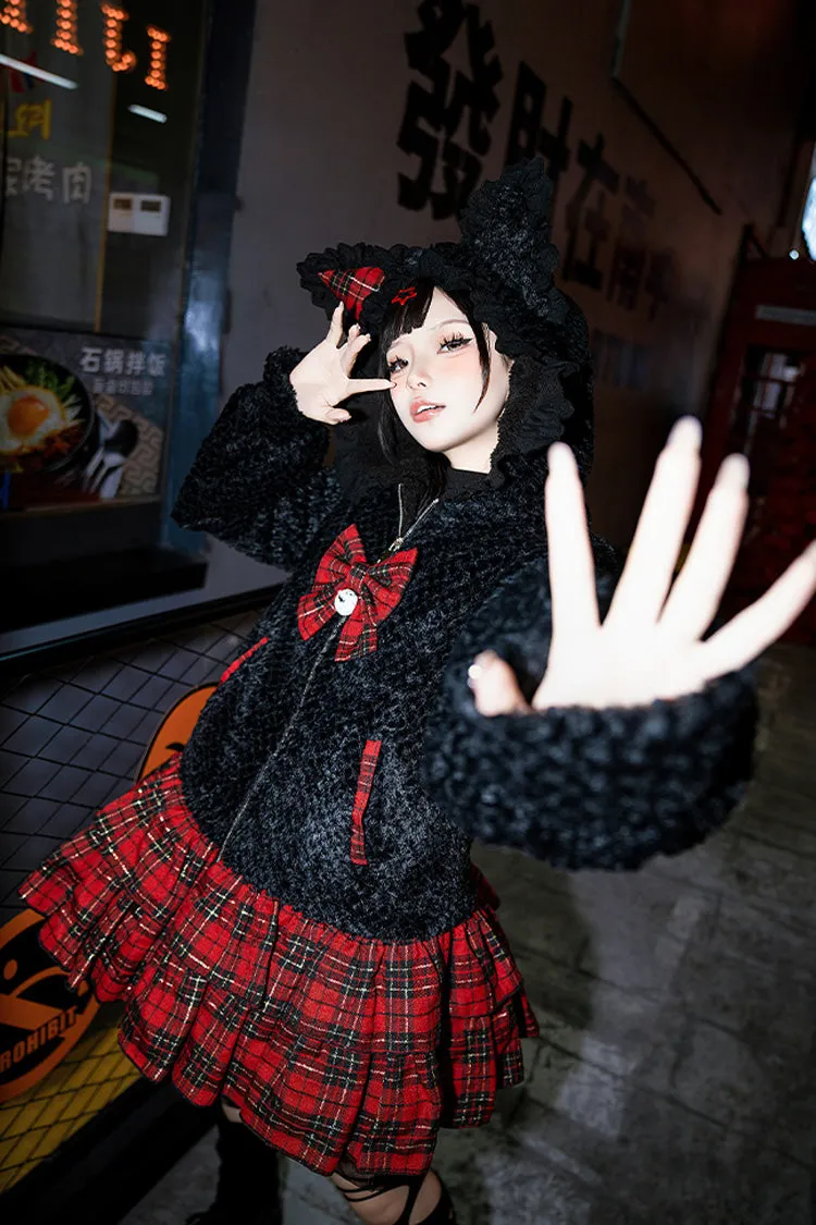 Black/Red [Night Cat] Plaid Print Ruffle Bowknot Hooded Sweet Lolita Skirt Coat