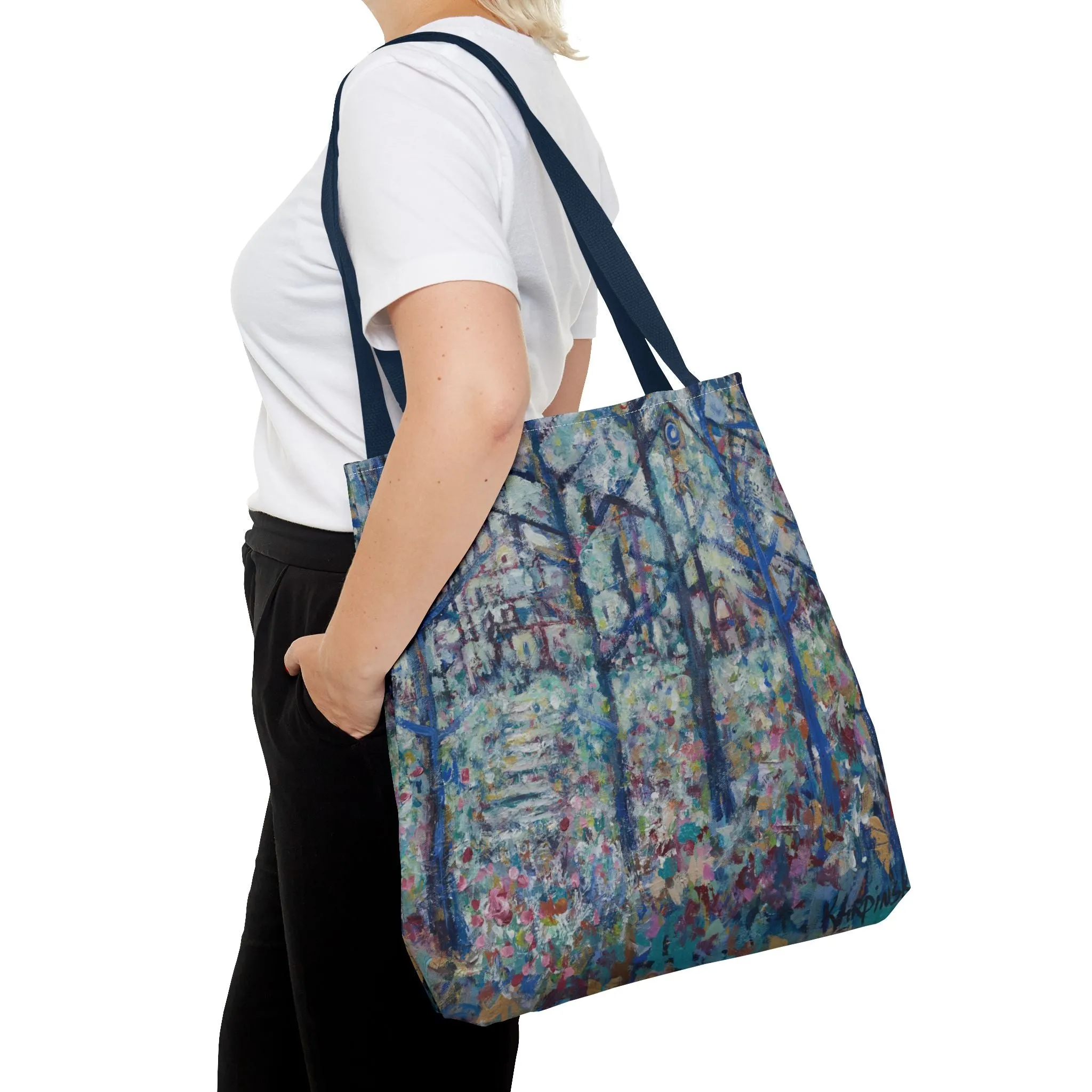 Blue Green Forest Landscape Nature Art Canvas Tote Bag - Stairs 2 Home - Leslie Karpinski