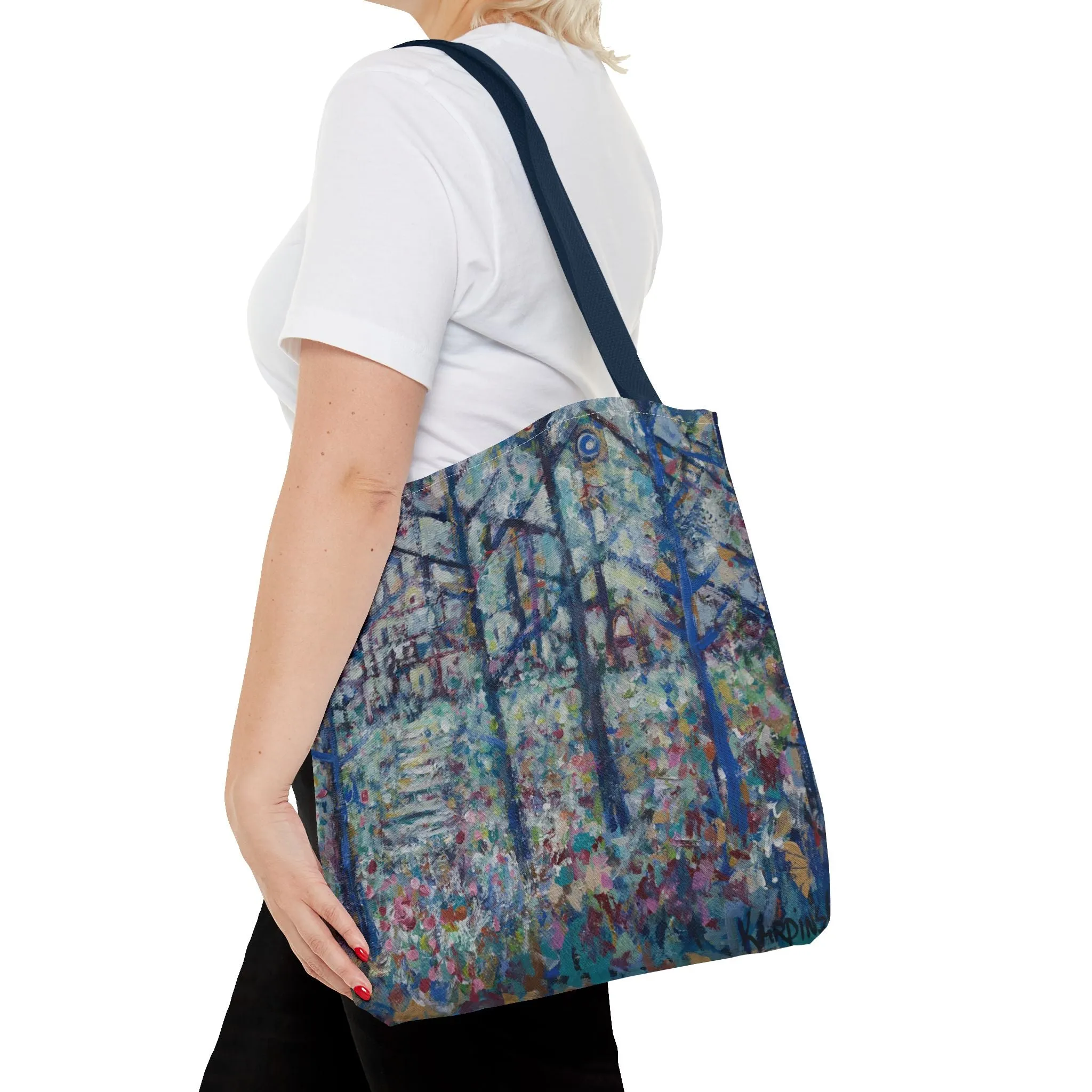 Blue Green Forest Landscape Nature Art Canvas Tote Bag - Stairs 2 Home - Leslie Karpinski