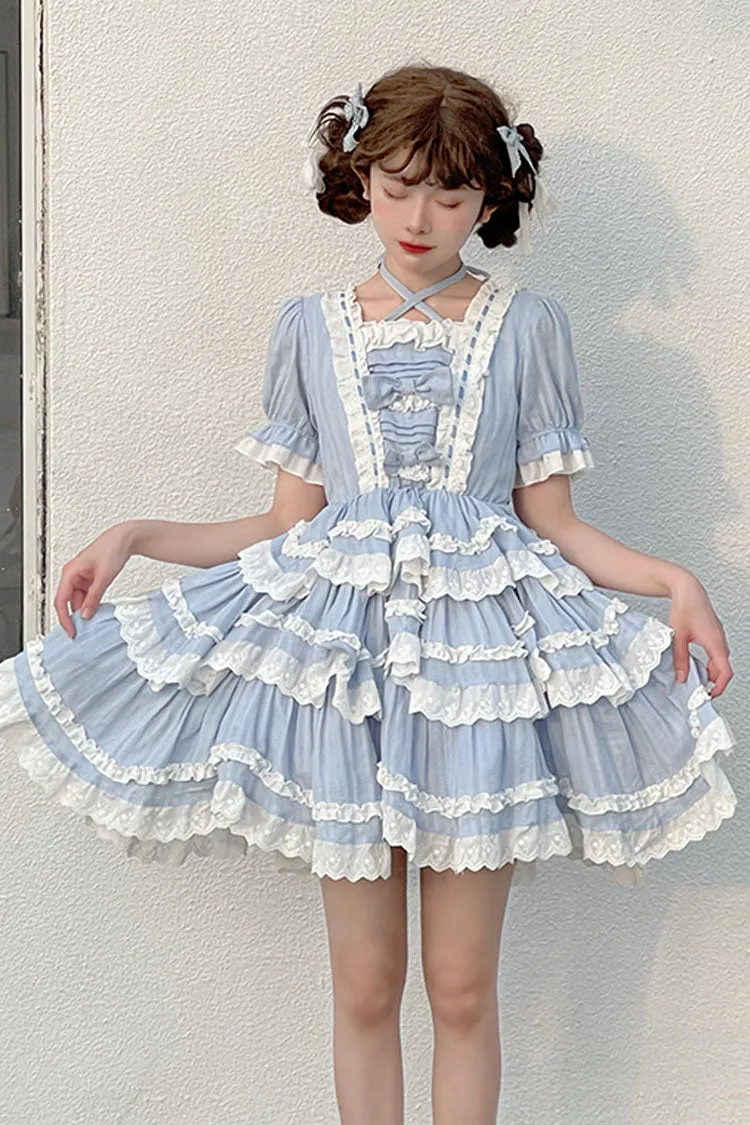 Blue Halter Lantern Short Sleeves Stitching Lace Ruffled Hanayome Sweet Lolita Op Tiered Dress