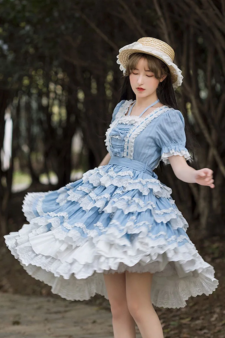 Blue Halter Lantern Short Sleeves Stitching Lace Ruffled Hanayome Sweet Lolita Op Tiered Dress