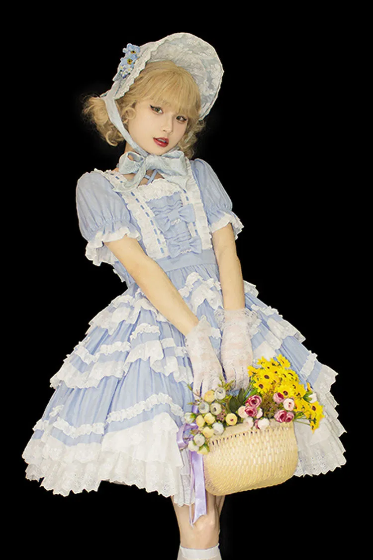 Blue Halter Lantern Short Sleeves Stitching Lace Ruffled Hanayome Sweet Lolita Op Tiered Dress