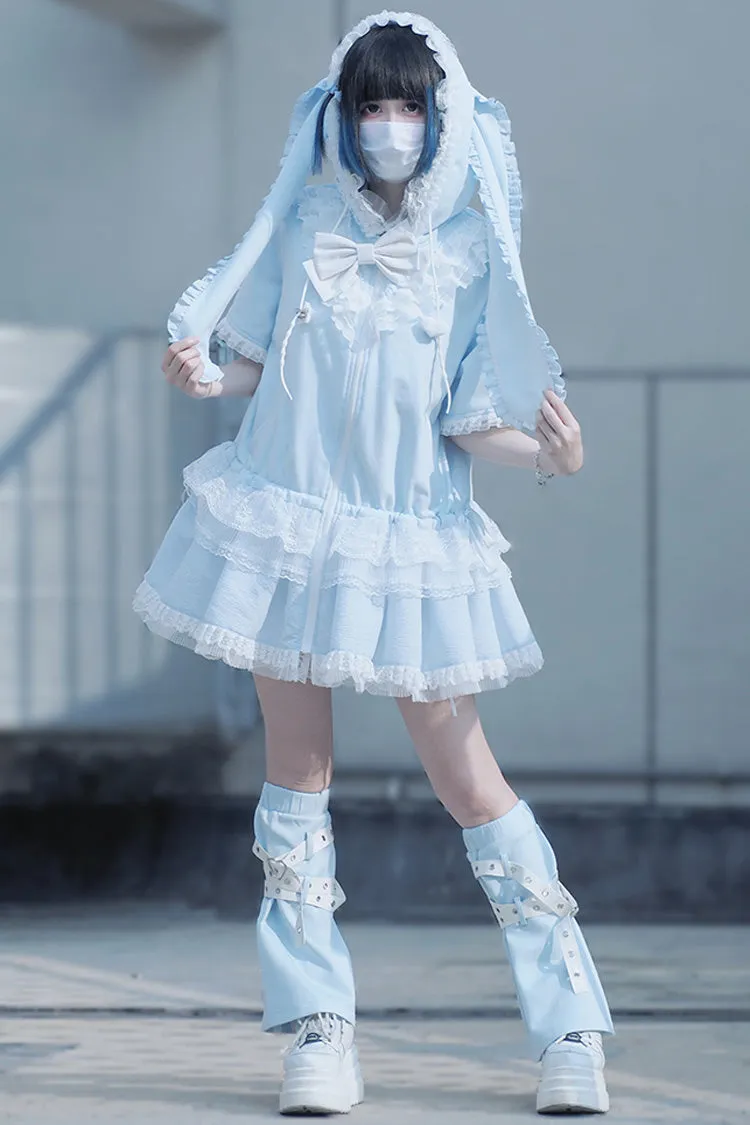 Blue Rabbit Ears Hooded Bowknot Lace Sweet Lolita Coat Set