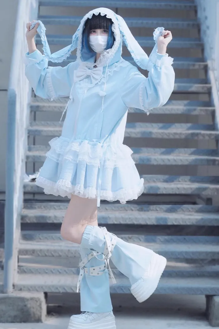 Blue Rabbit Ears Hooded Bowknot Lace Sweet Lolita Coat Set