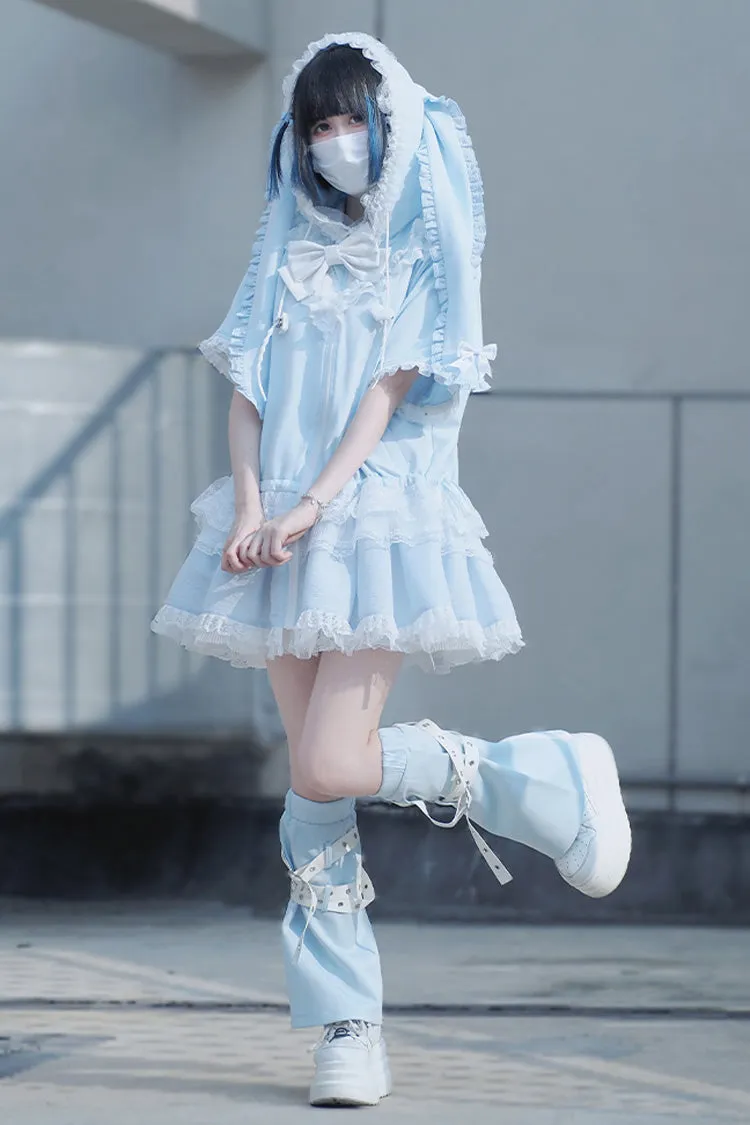 Blue Rabbit Ears Hooded Bowknot Lace Sweet Lolita Coat Set