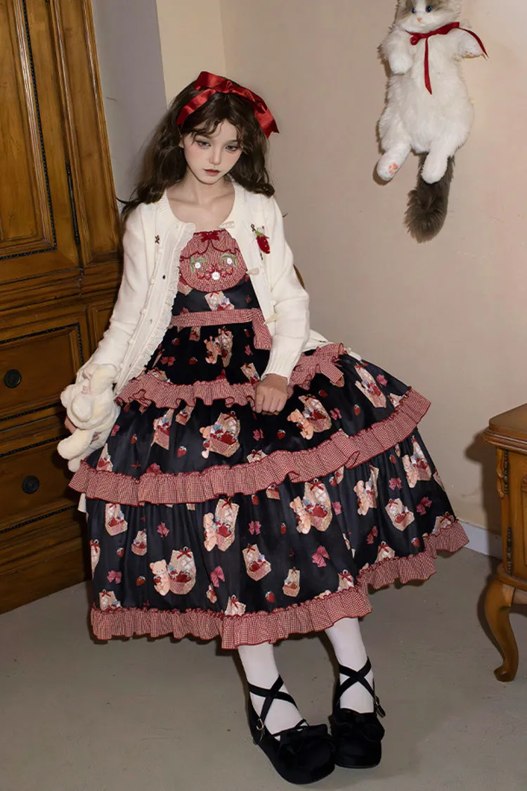 Blue/Pink [Bell Strawberry Farm] Embroidery Print Triple-Layered Ruffle Sweet Lolita JSK Dress