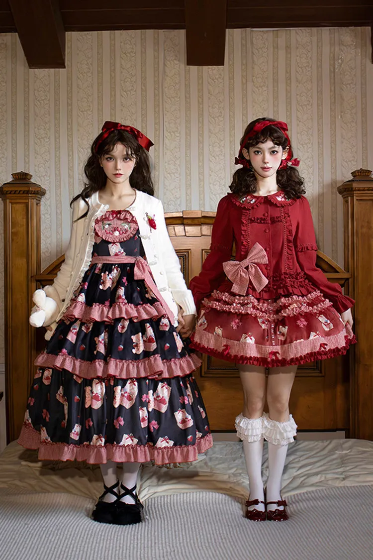 Blue/Pink [Bell Strawberry Farm] Embroidery Print Triple-Layered Ruffle Sweet Lolita JSK Dress