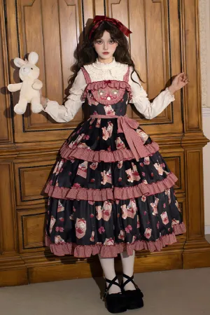 Blue/Pink [Bell Strawberry Farm] Embroidery Print Triple-Layered Ruffle Sweet Lolita JSK Dress