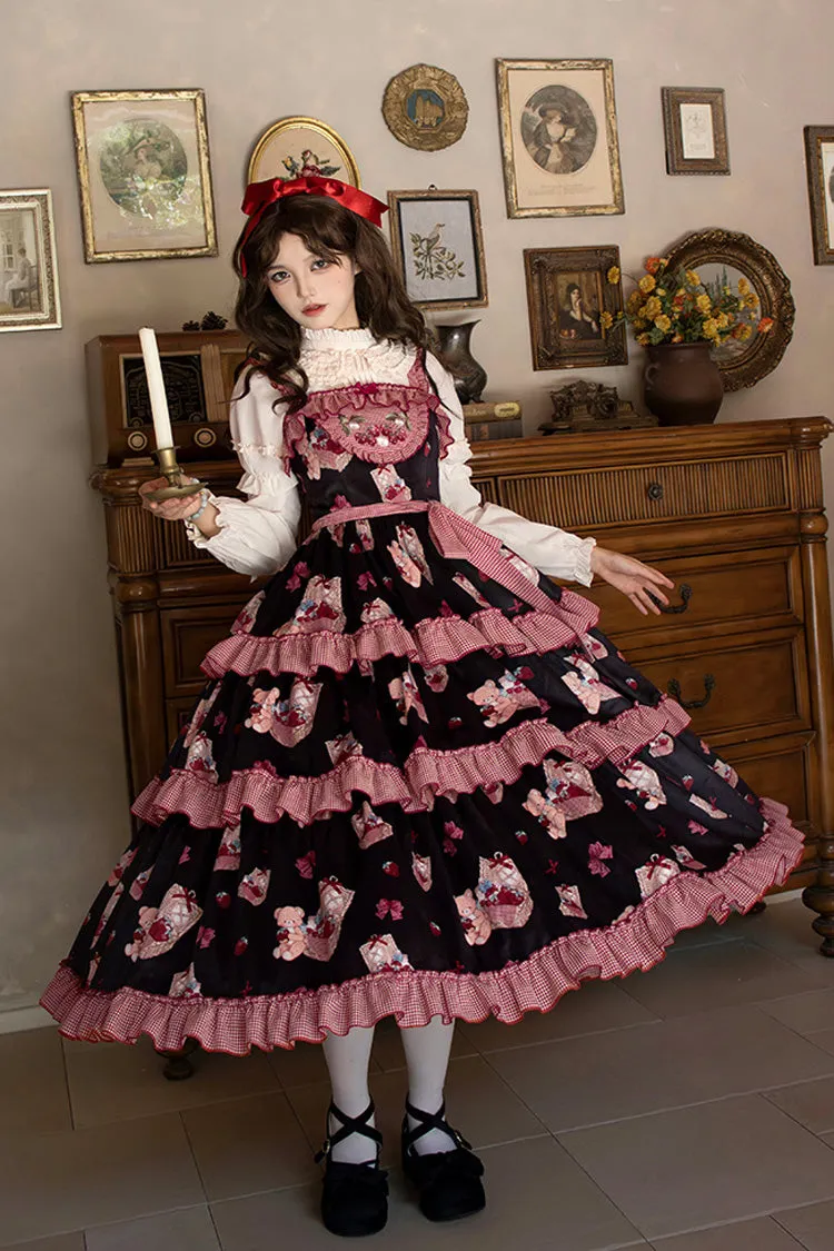 Blue/Pink [Bell Strawberry Farm] Embroidery Print Triple-Layered Ruffle Sweet Lolita JSK Dress