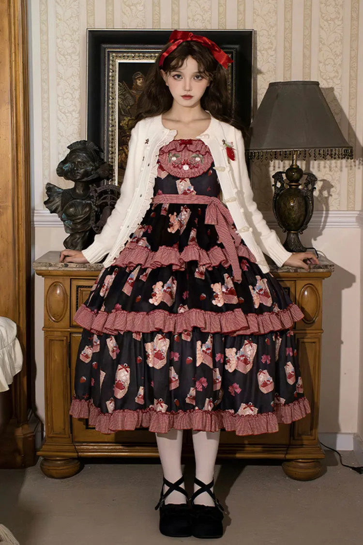 Blue/Pink [Bell Strawberry Farm] Embroidery Print Triple-Layered Ruffle Sweet Lolita JSK Dress