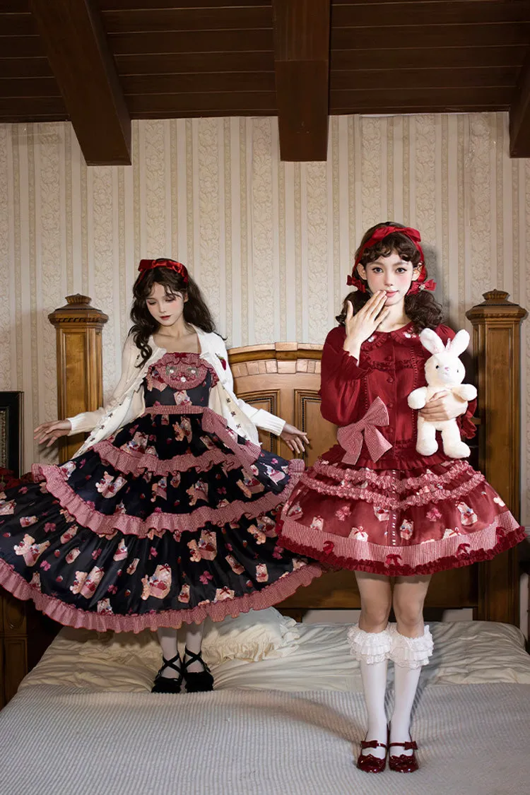 Blue/Pink [Bell Strawberry Farm] Embroidery Print Triple-Layered Ruffle Sweet Lolita JSK Dress
