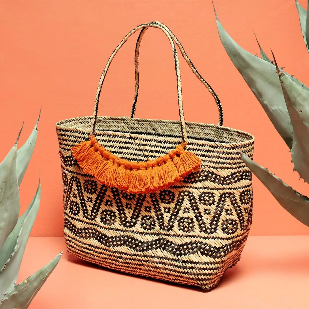 Borneo Medio Straw Tote Bag - Hand Bag with Ginger Roman Tassels