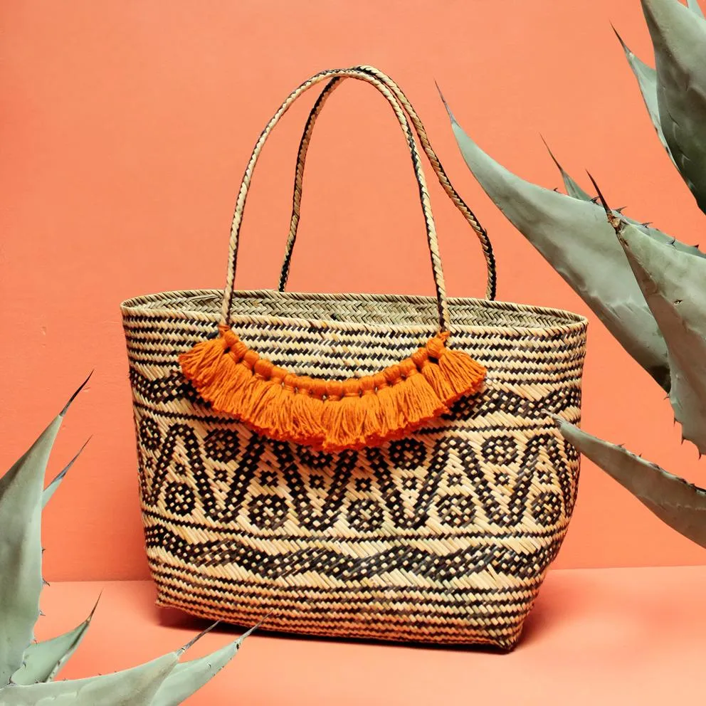 Borneo Medio Straw Tote Bag - Hand Bag with Ginger Roman Tassels