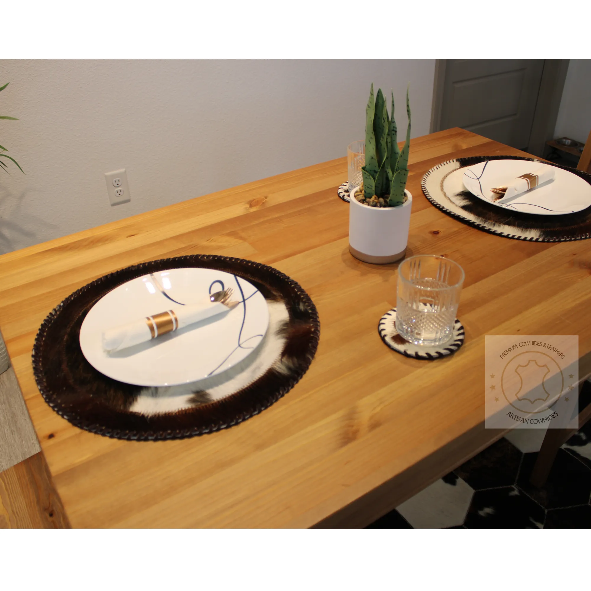 Brindle Cowhide Placemats - 16 inches diameter - Set of two, four, six or 8 mats