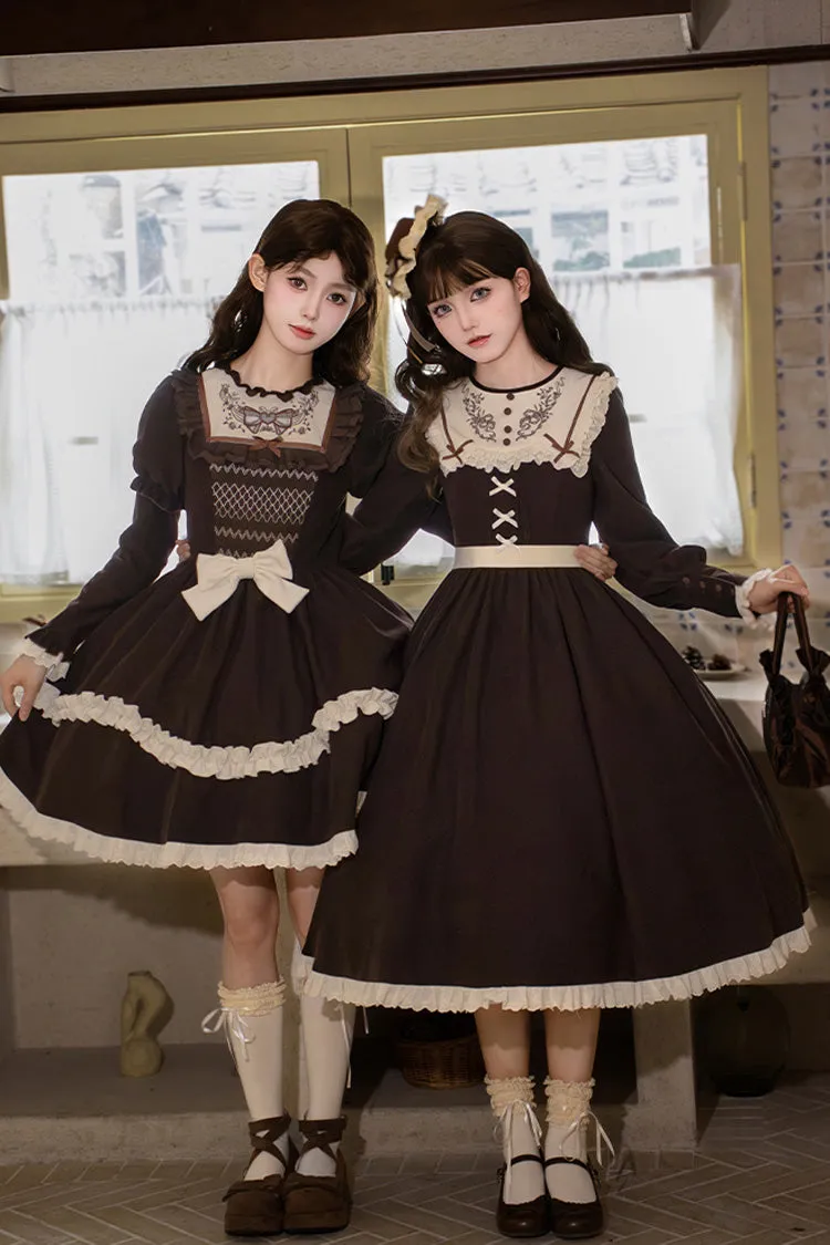 Brown [Miss Brown] Long Sleeves Double-Layered Ruffle Bouquet Embroidery Bowknot Sweet Lolita Dress (Short Version)