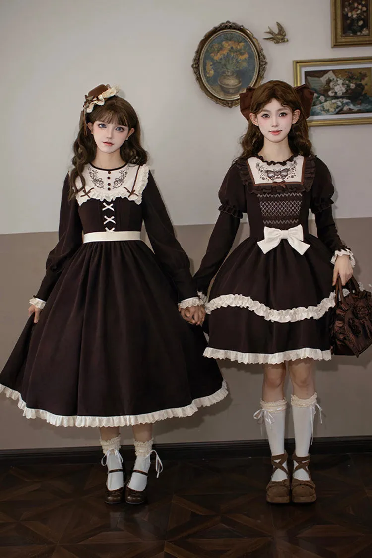 Brown [Miss Brown] Long Sleeves Double-Layered Ruffle Bouquet Embroidery Bowknot Sweet Lolita Dress (Short Version)