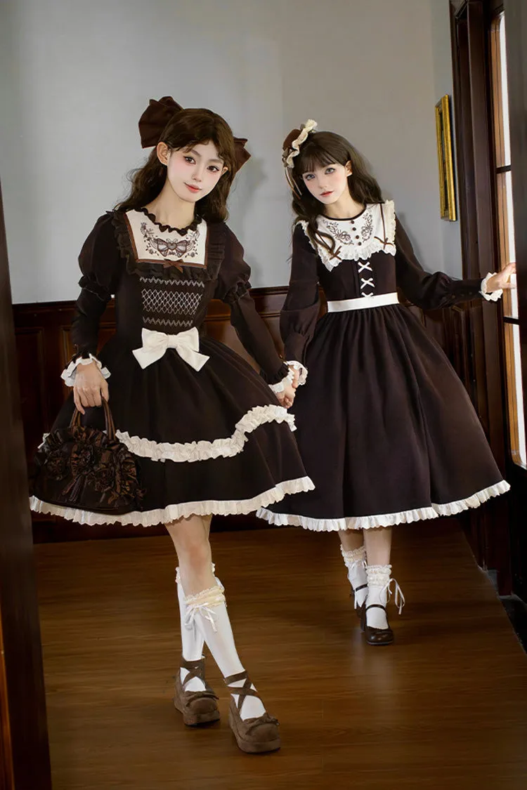 Brown [Miss Brown] Long Sleeves Double-Layered Ruffle Bouquet Embroidery Bowknot Sweet Lolita Dress (Short Version)