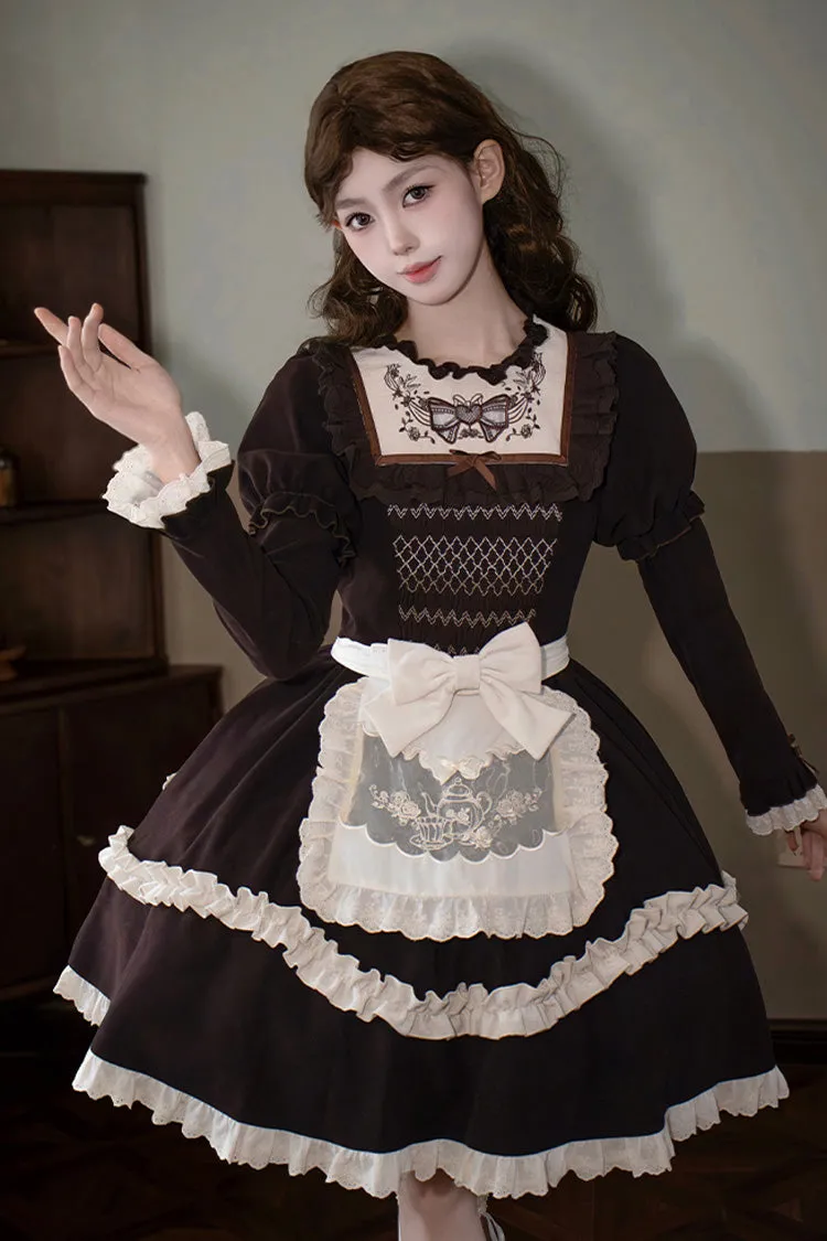 Brown [Miss Brown] Long Sleeves Double-Layered Ruffle Bouquet Embroidery Bowknot Sweet Lolita Dress (Short Version)