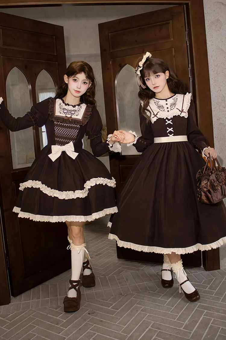 Brown [Miss Brown] Long Sleeves Double-Layered Ruffle Bouquet Embroidery Bowknot Sweet Lolita Dress (Short Version)
