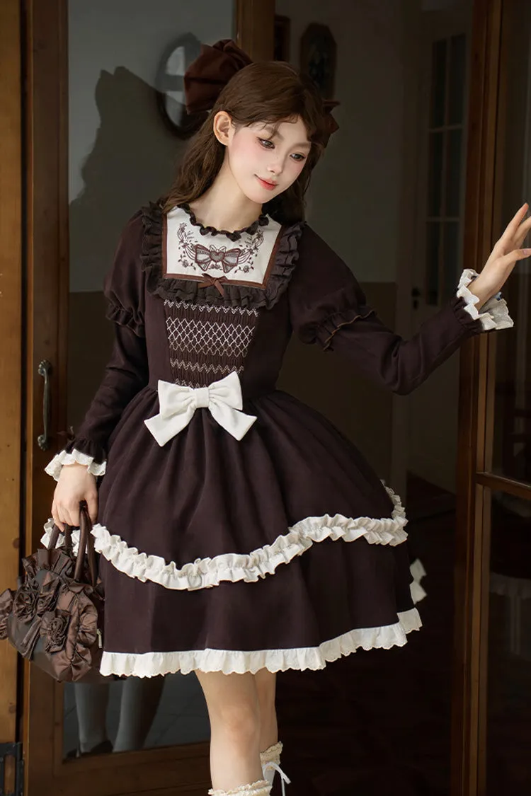 Brown [Miss Brown] Long Sleeves Double-Layered Ruffle Bouquet Embroidery Bowknot Sweet Lolita Dress (Short Version)