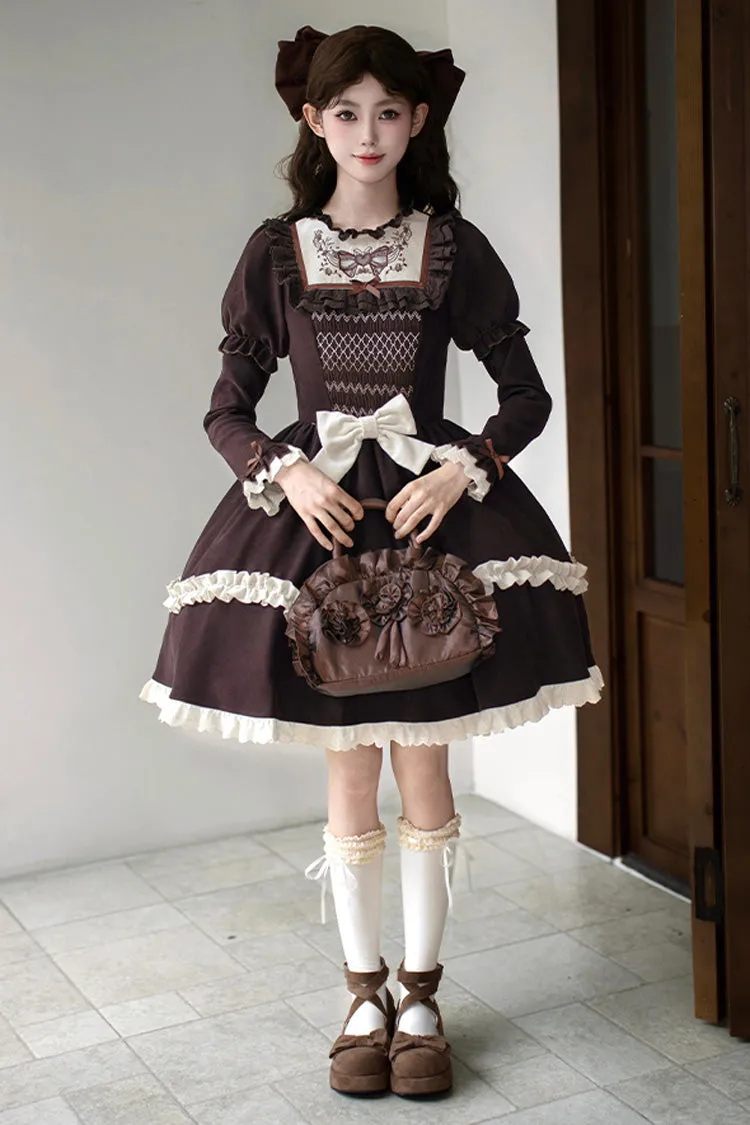 Brown [Miss Brown] Long Sleeves Double-Layered Ruffle Bouquet Embroidery Bowknot Sweet Lolita Dress (Short Version)