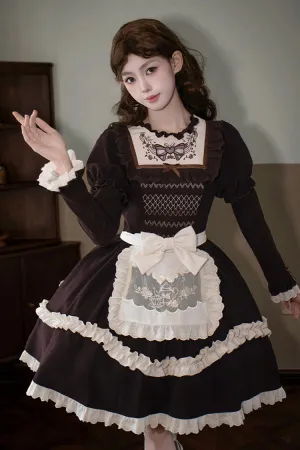 Brown [Miss Brown] Long Sleeves Double-Layered Ruffle Bouquet Embroidery Bowknot Sweet Lolita Dress (Short Version)