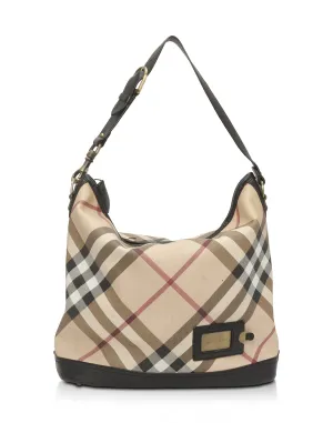 Burberry Black Leather Trim Nova Check Hobo Shoulder Bag