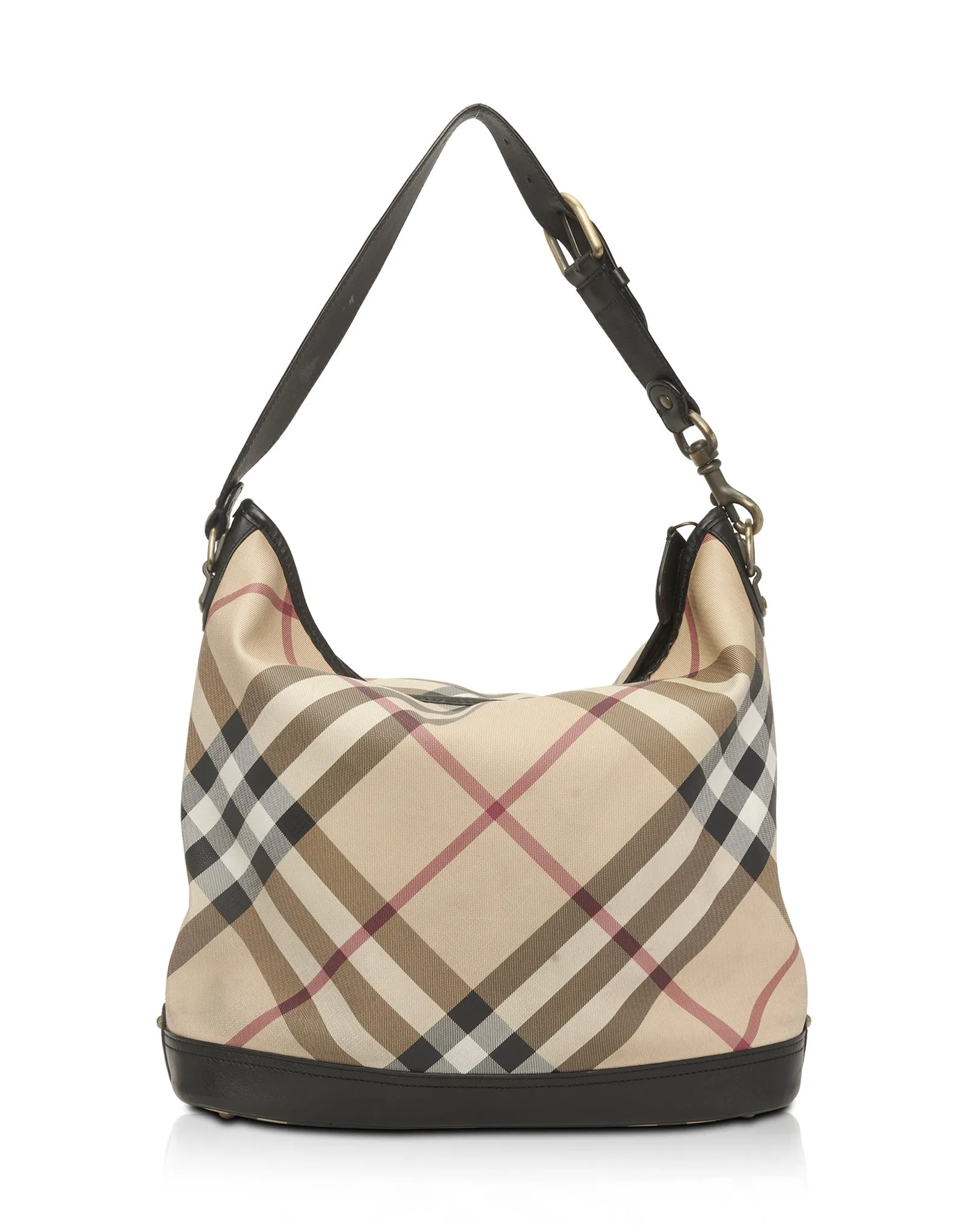 Burberry Black Leather Trim Nova Check Hobo Shoulder Bag