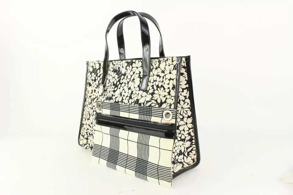 Burberry Black x White Floral Shopper Tote with Nova Check Pouch 922Bur86