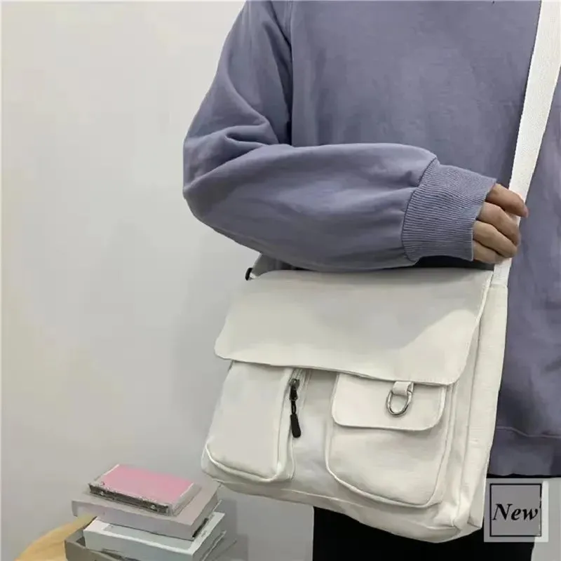 Canvas Shoulder Flap Bag with Fuzzy Bear