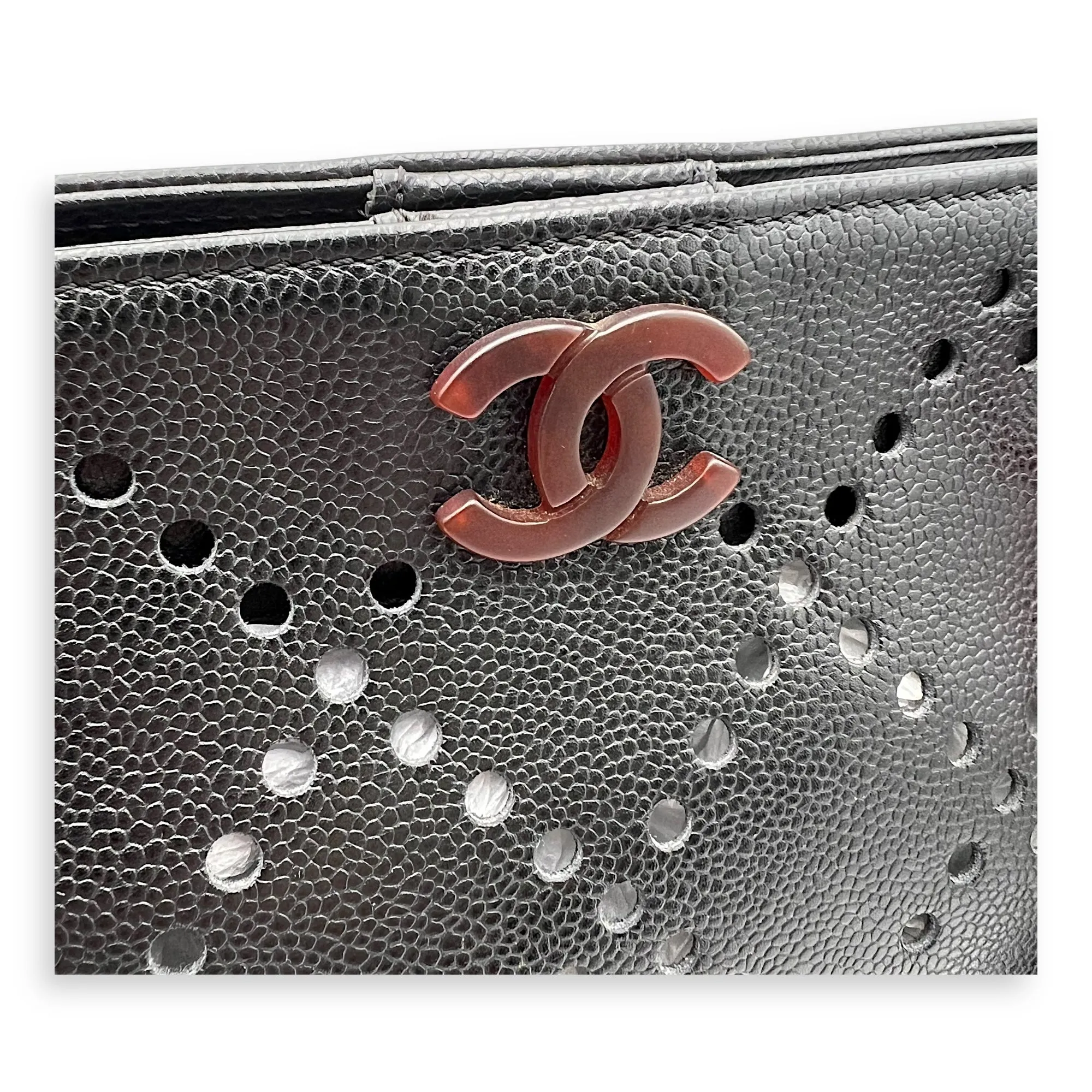 CC Perforated Black Tote Bag in Caviar Leather, Acrylic hardware