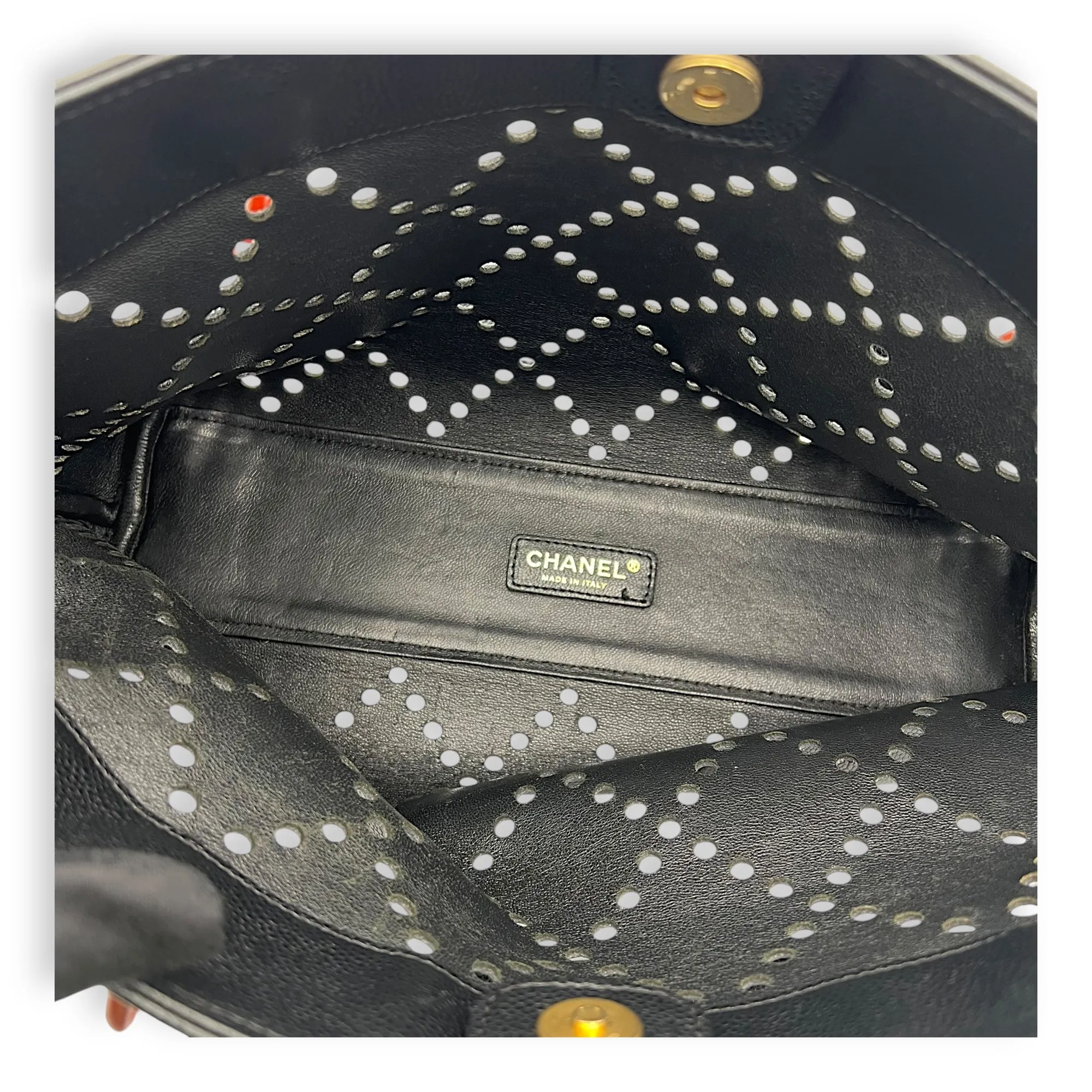 CC Perforated Black Tote Bag in Caviar Leather, Acrylic hardware