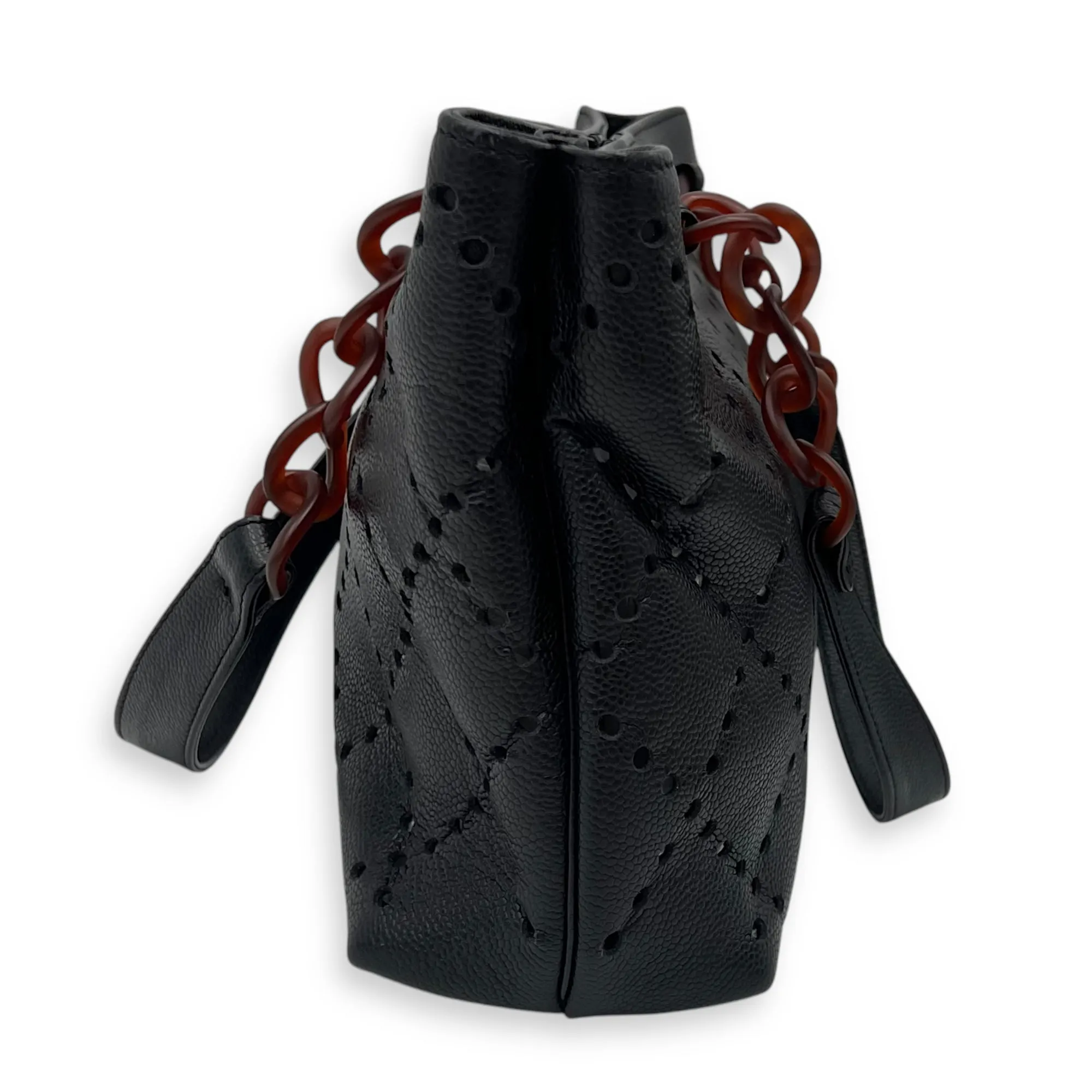 CC Perforated Black Tote Bag in Caviar Leather, Acrylic hardware