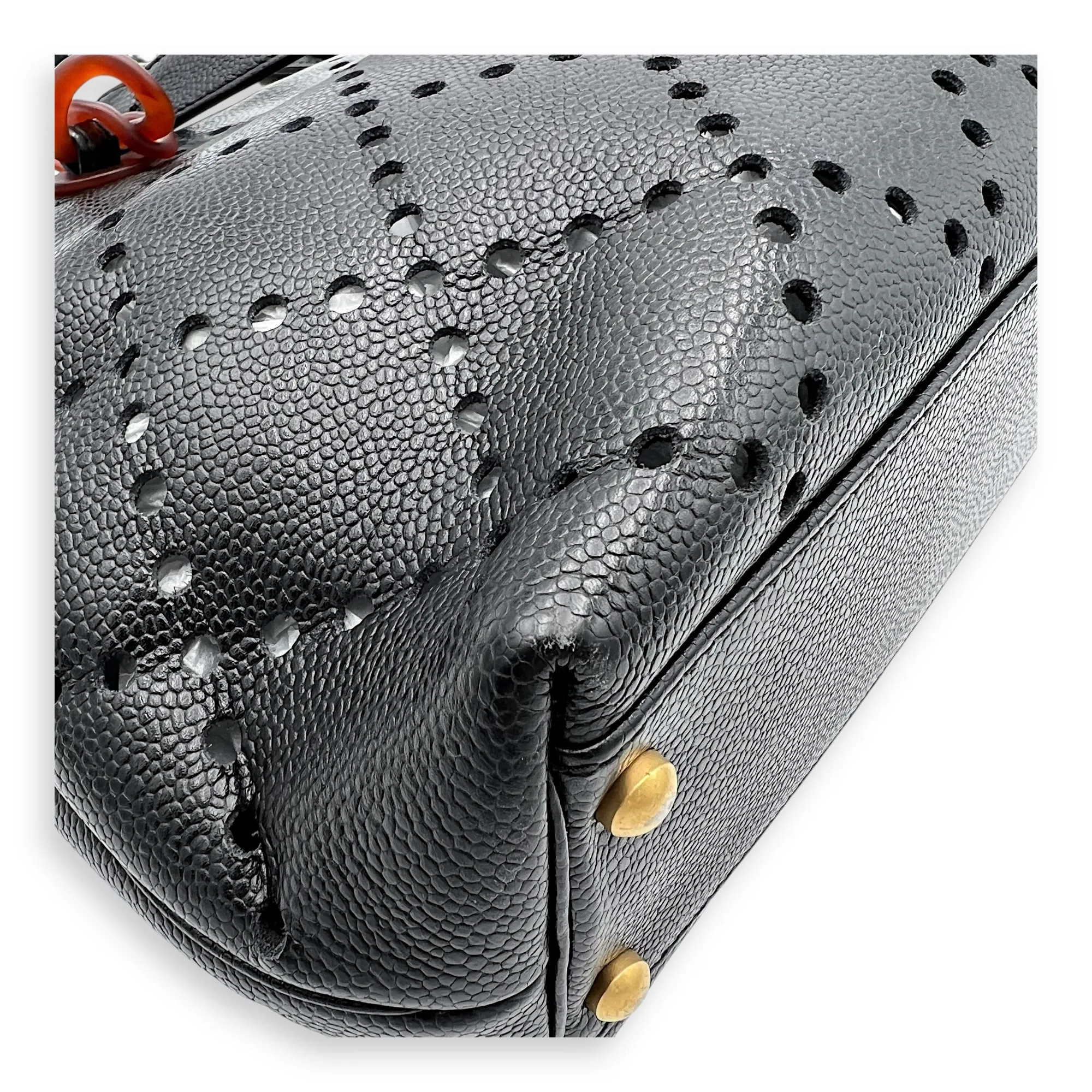 CC Perforated Black Tote Bag in Caviar Leather, Acrylic hardware