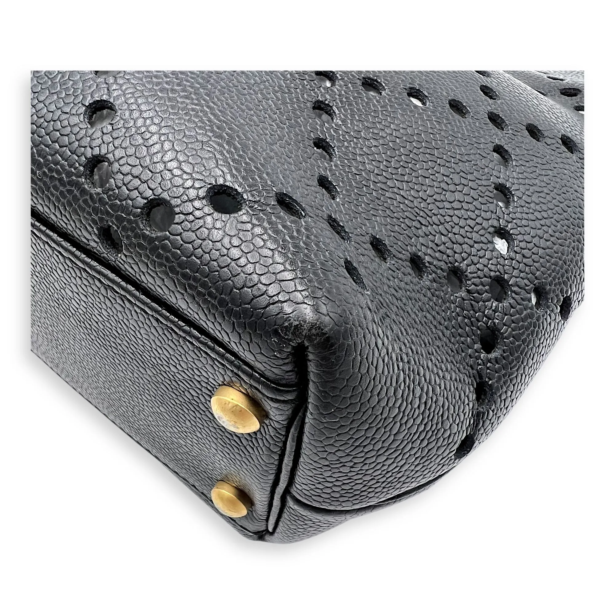 CC Perforated Black Tote Bag in Caviar Leather, Acrylic hardware