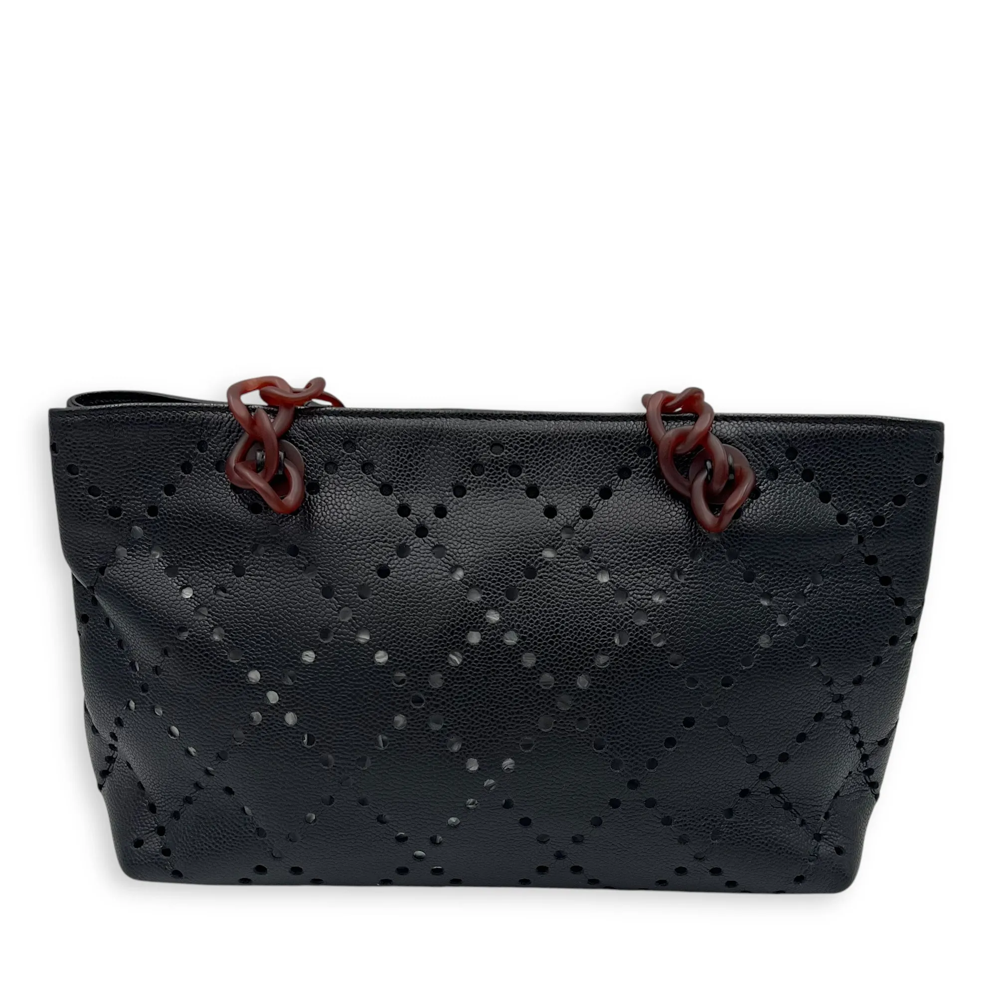 CC Perforated Black Tote Bag in Caviar Leather, Acrylic hardware