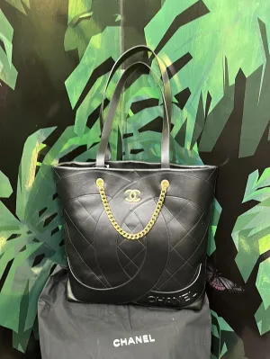 Chanel Black Leather Large Shopping Bag with Gold Chain