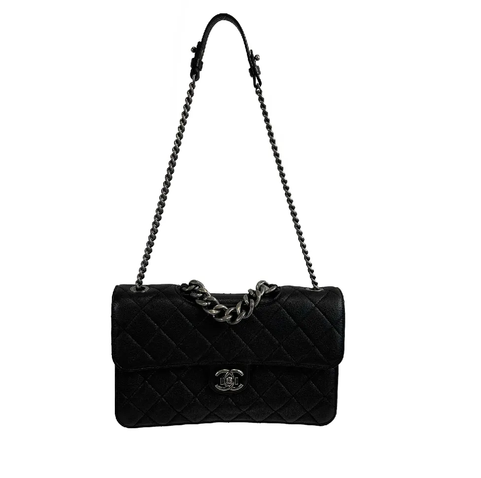 CHANEL - CC Large Single Flap Top Chain Strap Handle / Black Shoulder Bag - NEW