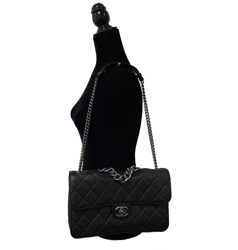 CHANEL - CC Large Single Flap Top Chain Strap Handle / Black Shoulder Bag - NEW