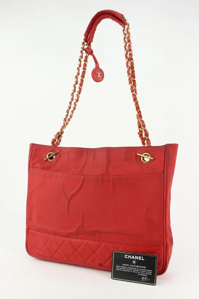 Chanel Red Quilted Canvas x Lambskin Gold Chain Tote Bag 16cc1029