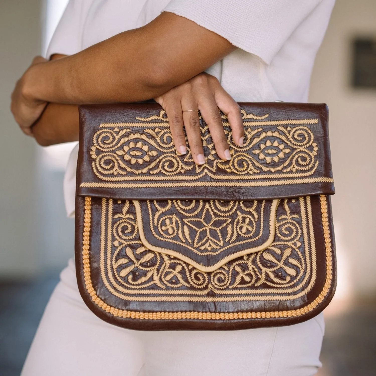 Chestnut Embroidered Leather Bag